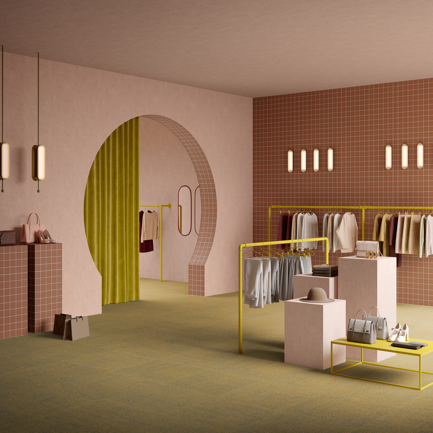 Ковровая плитка Associated Weavers Mantra Tile цвет 29 Moss 500×500×5,2 фото в интерьере